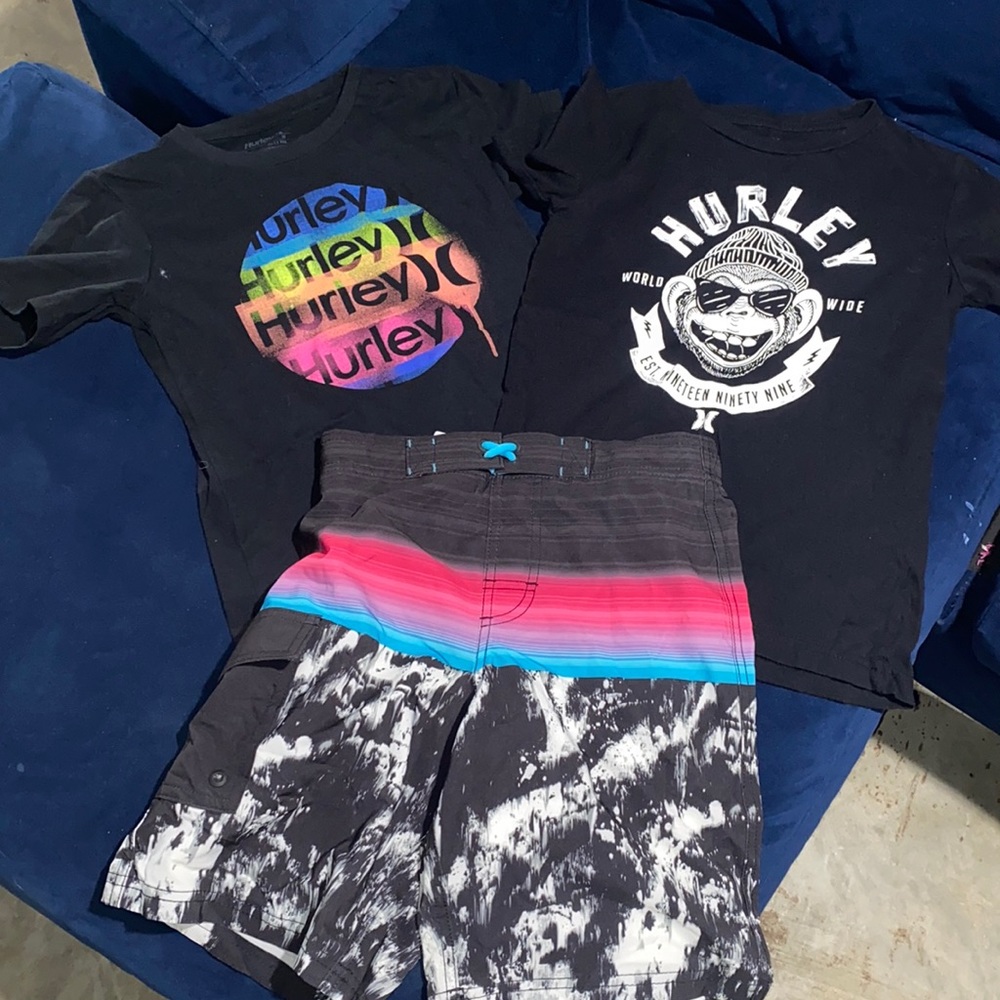 2 Hurley shirts and a pair of swim shorts